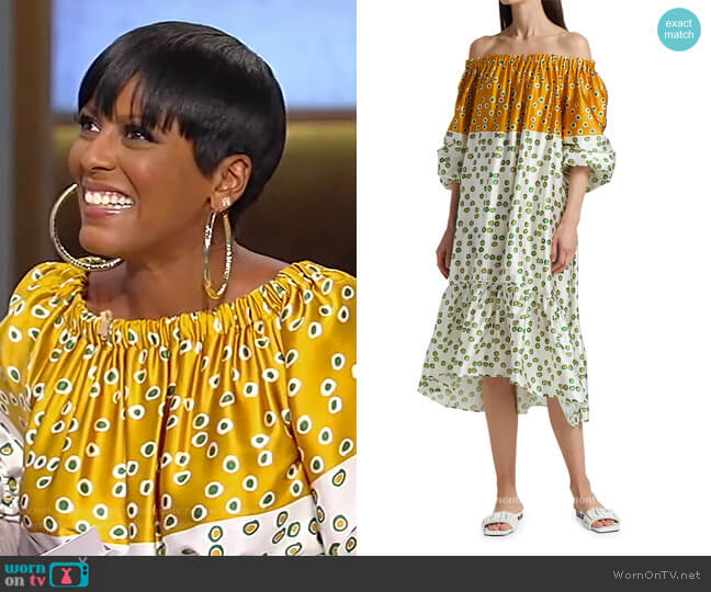 Tavrina Off-The-Shoulder Midi Dress by Silvia Tcherassi worn by Tamron Hall on Tamron Hall Show