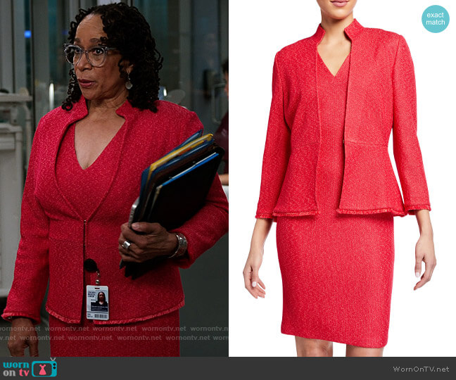 St John Collection V-Neck Refined Knit Bodycon Dress and Jacket worn by Sharon Goodwin (S. Epatha Merkerson) on Chicago Med