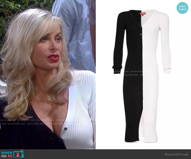 Shoko Color Block Ribbed Sweater Dress by Staud worn by Kristen DiMera (Eileen Davidson) on Days of our Lives