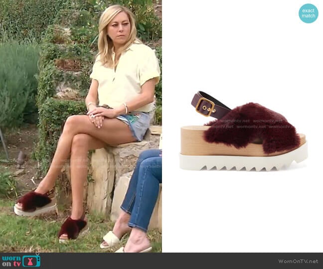 Elyse faux-shearling platform sandals by Stella McCartney worn by Sutton Stracke on The Real Housewives of Beverly Hills