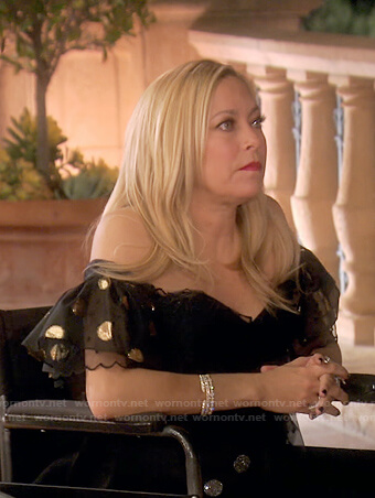 Sutton's black metallic polka dot ruffle dress on The Real Housewives of Beverly Hills