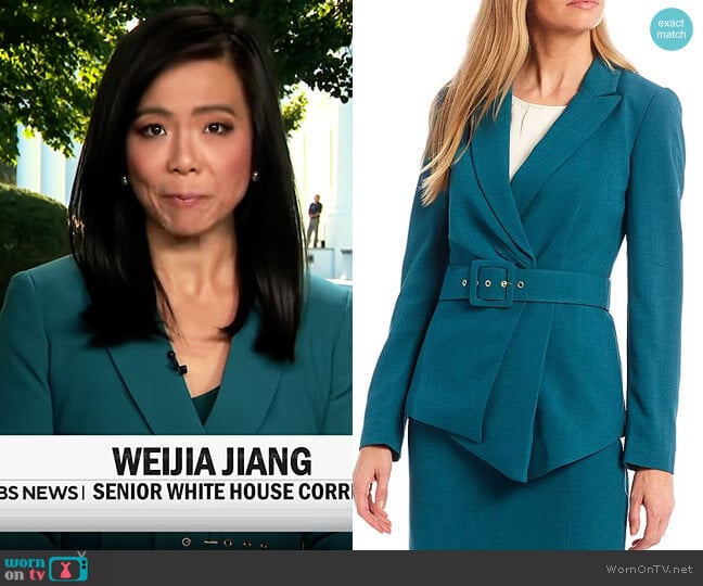 Tahari ASL Asymmetrical Belted Water Repellent Pebble Crepe Jacket worn by Weijia Jiang on CBS Mornings