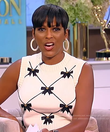 Tamron’s bow embellished knit vest on Tamron Hall Show