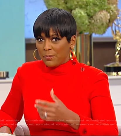 Tamron’s red mock neck mini dress on Tamron Hall Show