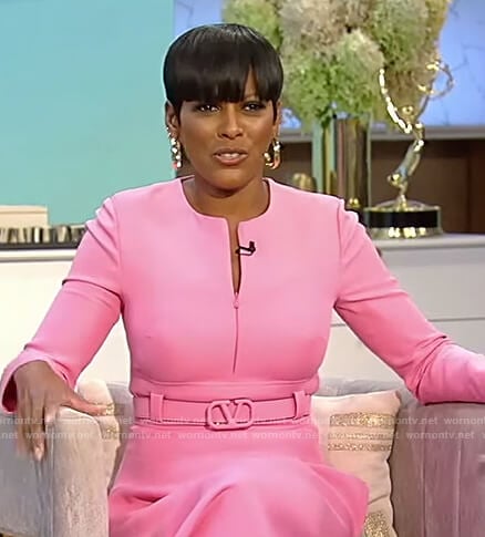 Tamron’s pink belted dress on Tamron Hall Show