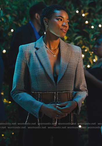 Taylor’s gray plaid crystal embellished blazer on Our Kind of People