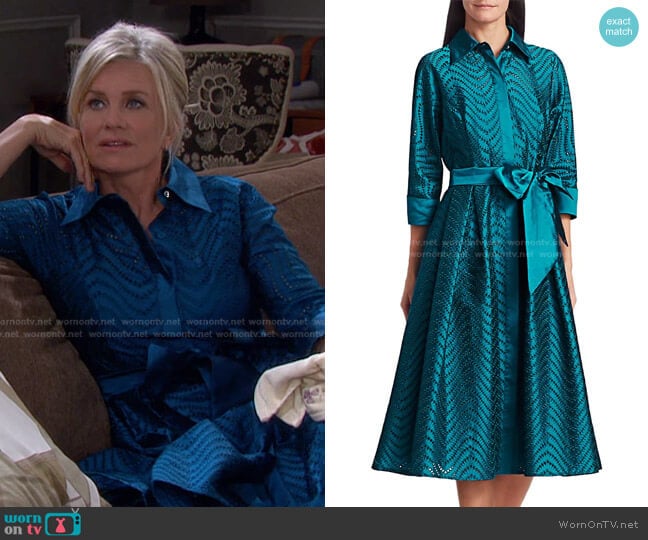 Taffeta Jacquard Lace Eyelet A-Line Belted Shirtdress by Teri Jon worn by Kayla Brady (Mary Beth Evans) on Days of our Lives