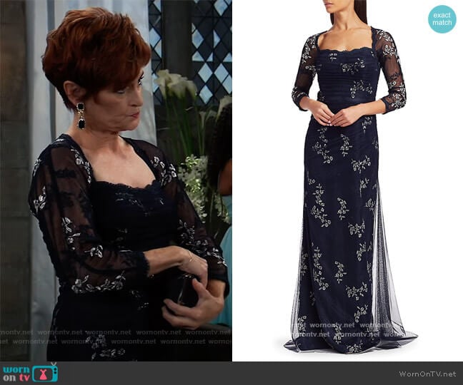 Mesh Long-Sleeve Embroidered Floral Gown by Teri Jon by Rickie Freeman worn by Carolyn Hennesy on General Hospital worn by Diane Miller (Carolyn Hennesy) on General Hospital