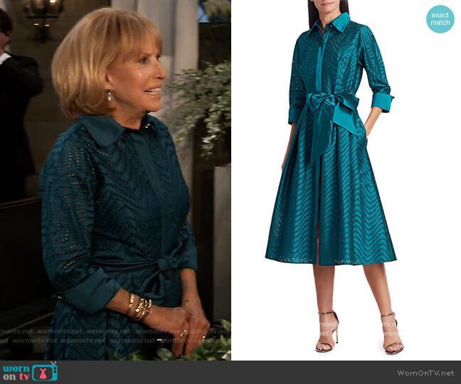 Teri Jon by Rickie Freeman Taffeta Jacquard Lace Eyelet A-Line Belted Shirtdress worn by Monica Quartermaine (Leslie Charleson) on General Hospital