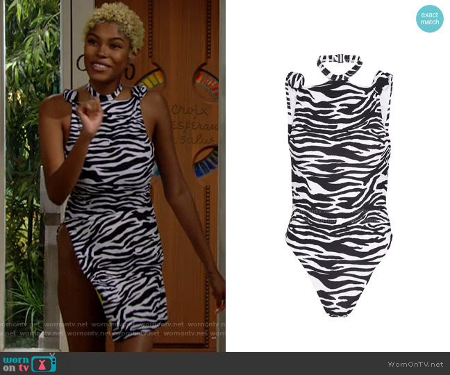 The Attico Halterneck zebra-print swimsuit worn by Paris Buckingham (Diamond White) on The Bold and the Beautiful