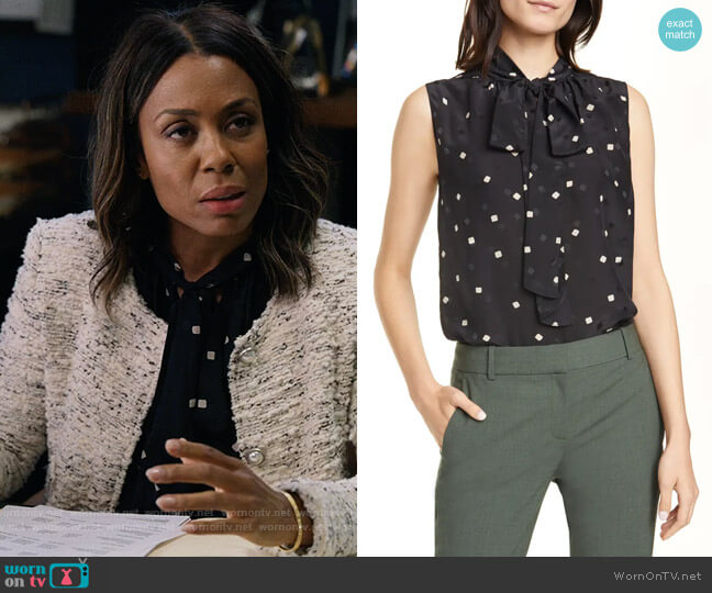 L'Agence Paola Blouse in Gold Metallic worn by Mia Jordan (Karen Pittman)  as seen in The Morning Show TV series (Season 2 Episode 2)