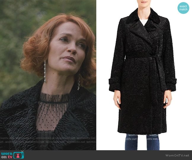 Oaklane Faux Fur Tie-Waist Trench Coat by Theory worn by Penelope Blossom (Nathalie Boltt) on Riverdale