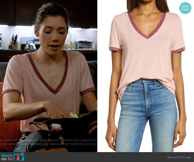 Treasure & Bond Ringer V-Neck T-Shirt in Pink Smoke / Red Combo worn by Violet Mikami (Hanako Greensmith) on Chicago Fire