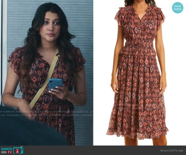 Emine Ruffle Silk Midi Dress by Ulla Johnson worn by Leela Devi (Anuja Joshi) on The Resident