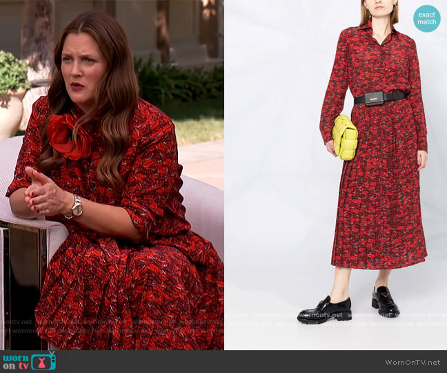 Lip Print Silk Shirt and Skirt by Valentino worn by Drew Barrymore on The Drew Barrymore Show