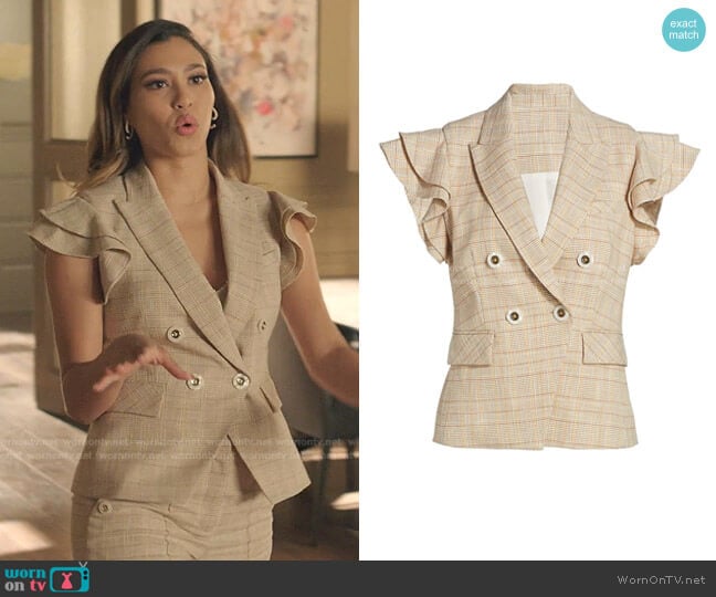 Janae Plaid Flutter-Sleeve Vest by Veronica Beard worn by Kara Royster on Dynasty