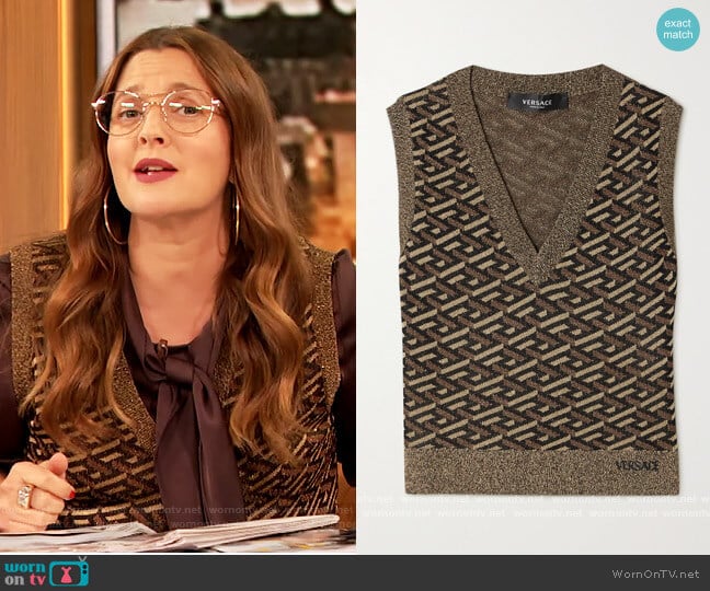 Embroidered metallic jacquard-knit tank by Versace worn by Drew Barrymore on The Drew Barrymore Show