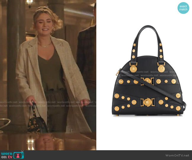 Embellished Medusa Tote by Versace worn by Amanda Carrington (Eliza Bennett) on Dynasty