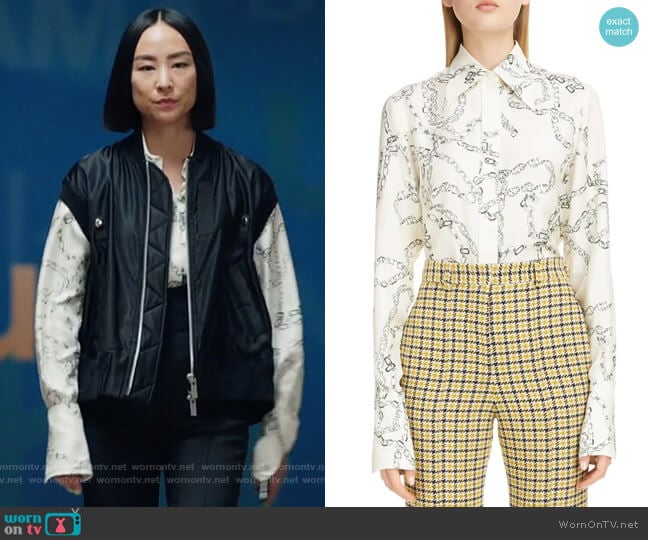 Victoria Beckham Chain Print Silk Shirt worn by Stella Bak (Greta Lee) on The Morning Show