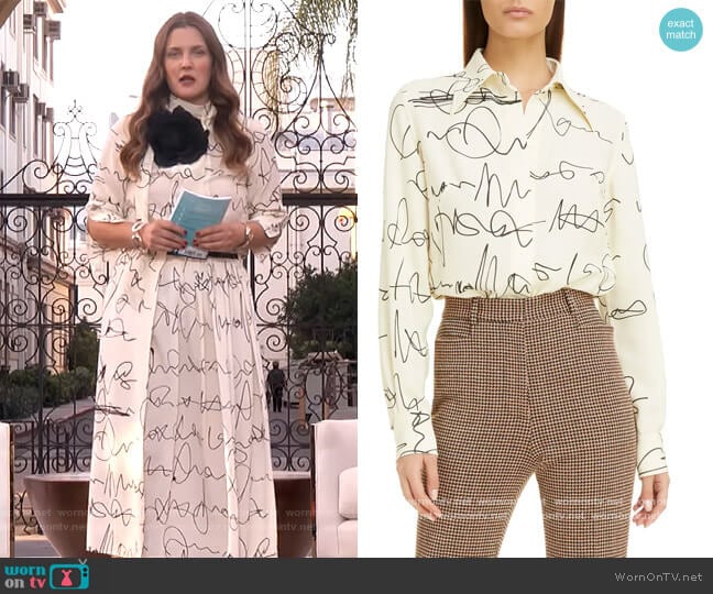 Scribble Print Blouse by Victoria Beckham worn by Drew Barrymore on The Drew Barrymore Show