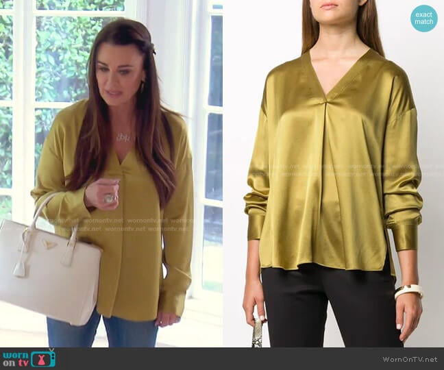  V-Neck Silk Blouse by Vince worn by Kyle Richards on The Real Housewives of Beverly Hills