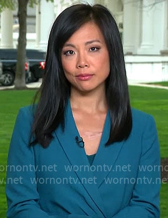 Weijia Jiang's teal green belted blazer on CBS Mornings