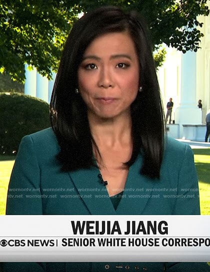 Weijia Jiang's teal green belted blazer on CBS This Morning