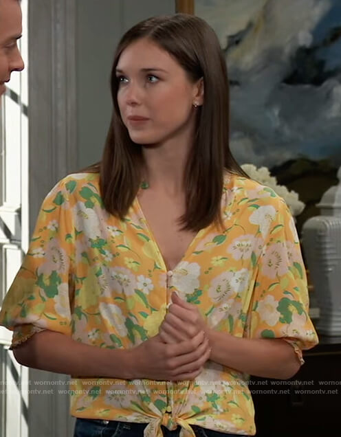 Willow's yellow floral tie waist top on General Hospital