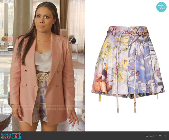 Botanica Book Print Drawstring Shorts by Zimmermann worn by Cristal Jennings (Daniella Alonso) on Dynasty