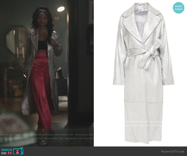 Sabotage Barrel metallic textured-leather trench coat by Zimmermann worn by Camille Hyde on Riverdale