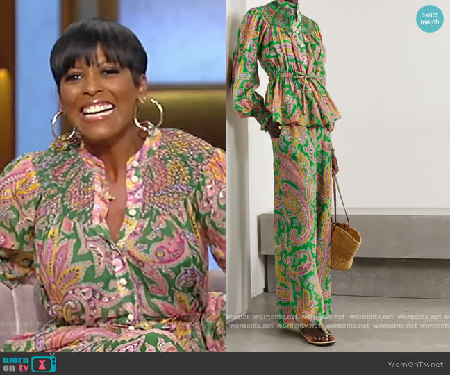 Teddy smocked paisley-print ramie blouse and pants by Zimmermann worn by Tamron Hall on Tamron Hall Show