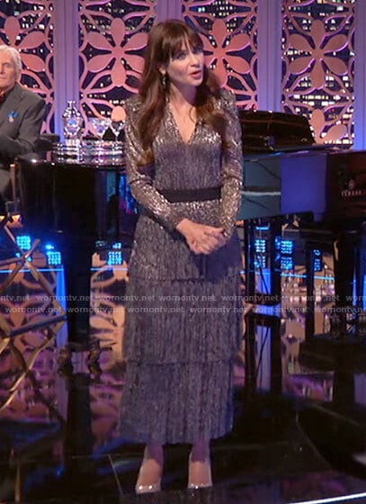 Zooey Deschanel’s metallic tiered maxi dress on The Celebrity Dating Game