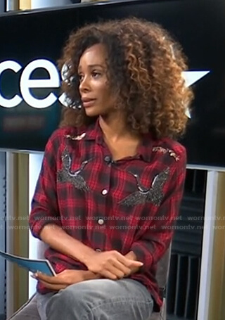 Zuri’s red embellished plaid shirt on Access Hollywood