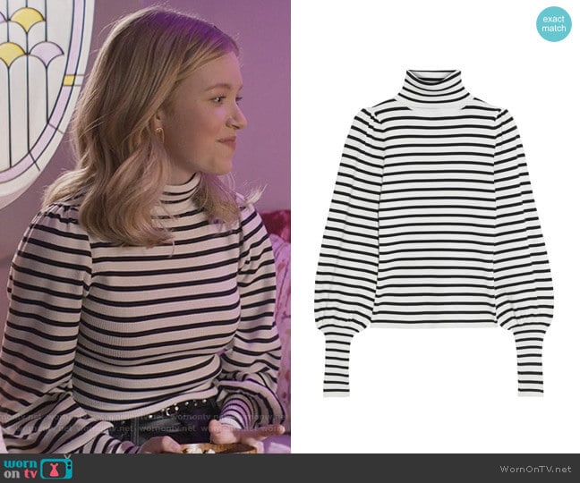 Karla striped ribbed-knit turtleneck sweater by A.L.C. worn by Stacey McGill (Shay Rudolph) on The Baby-Sitters Club