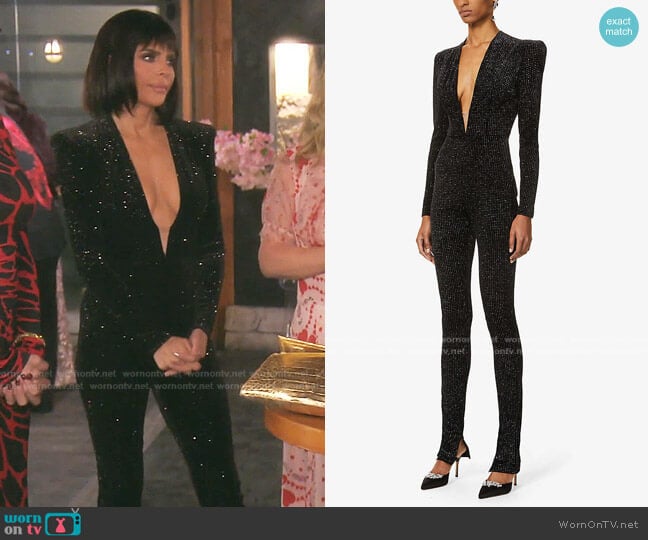 Halsey Glitter sStretch-Velvet Jumpsuit by Alex Perry worn by Lisa Rinna on The Real Housewives of Beverly Hills