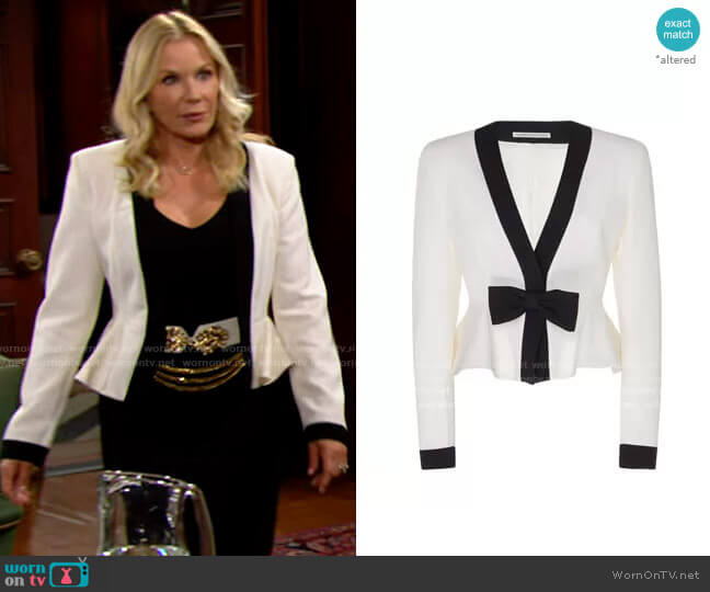 Alessandra Rich Bow-Embellished Two-Tone Peplum Wool Jacket worn by Brooke Logan (Katherine Kelly Lang) on The Bold and the Beautiful