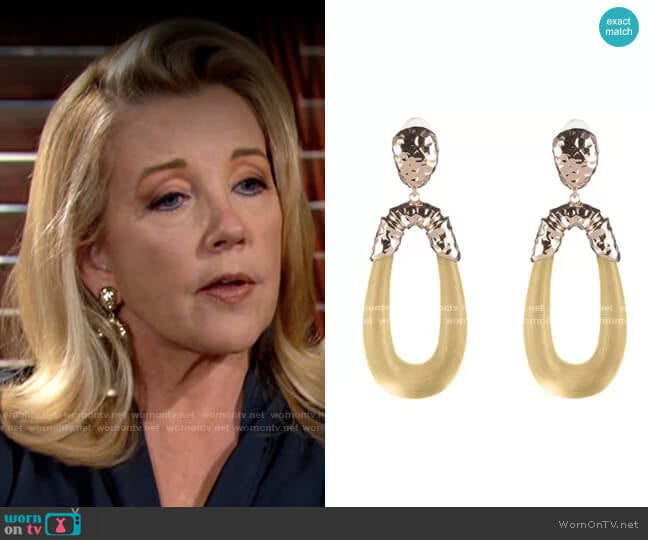 Alexis Bittar Hammered Metal & Satin Lucite Drop Earrings worn by Nikki Reed Newman (Melody Thomas-Scott) on The Young and the Restless