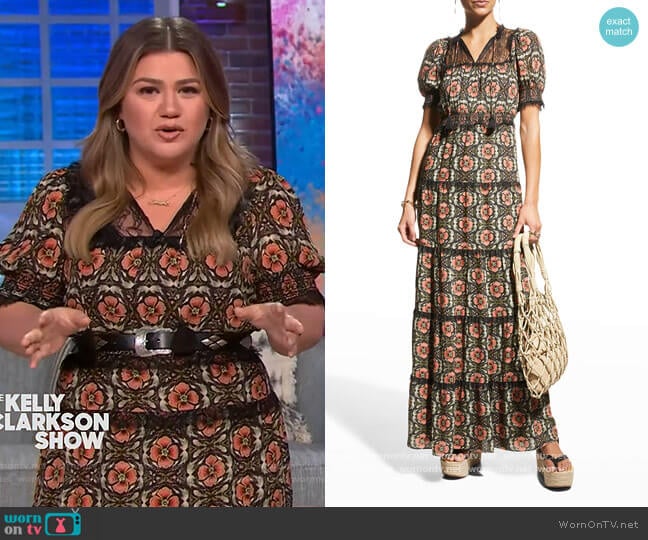 Lynley Smocked Puff-Sleeve Ruffle Maxi Dress by Alice + Olivia worn by Kelly Clarkson on The Kelly Clarkson Show