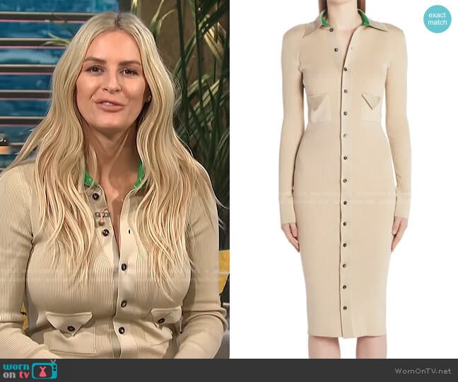 Rib Long Sleeve Stretch Silk Blend Military Sweater Dress by Bottega Veneta worn by Morgan Stewart on E! News