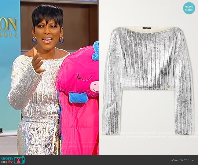 Cropped metallic coated wool and Lyocell-blend sweater by Balmain worn by Tamron Hall on Tamron Hall Show