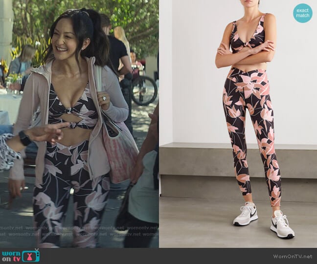 Bowie knotted cutout floral-print stretch sports bra and leggings by Beach Riot worn by Shannon Chan-Kent on You