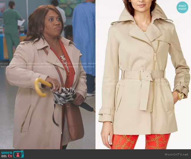 Belted Front-Zip Trench Coat by MICHAEL Michael Kors worn by Miranda Bailey (Chandra Wilson) on Greys Anatomy