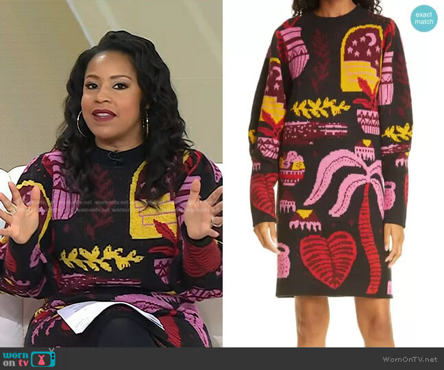 Black Tropical Magic Sweater Dress by Farm Rio worn by Sheinelle Jones on Today
