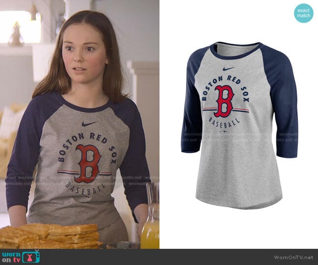 Boston Red Sox Nike Gray/Navy Encircled Tri-Blend 3/4-Sleeve Raglan T-Shirt by Nike worn by Kristy Thomas (Sophie Grace) on The Baby-Sitters Club