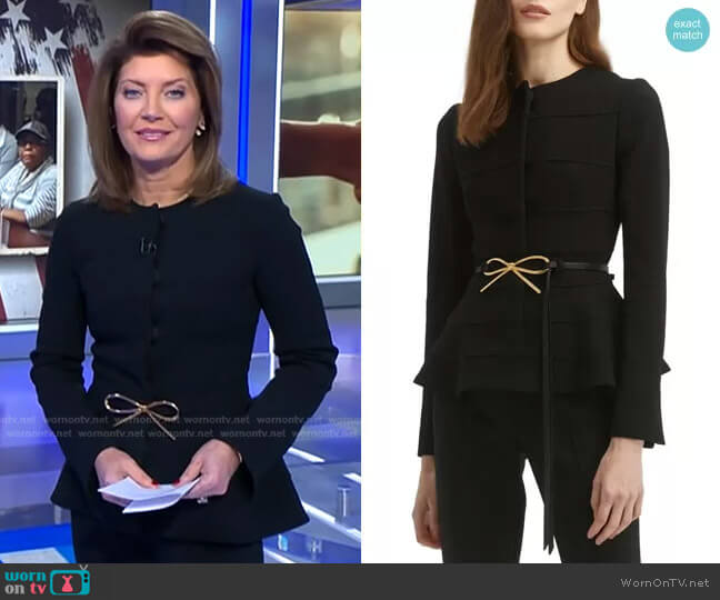 Bow Belt Virgin Wool Blend Peplum Jacket by Oscar de la Renta worn by Norah O'Donnell on CBS Evening News