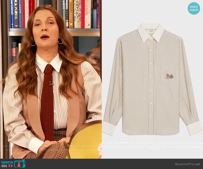 Loose Shirt in Striped Silk Blouse by Celine worn by Drew Barrymore on The Drew Barrymore Show