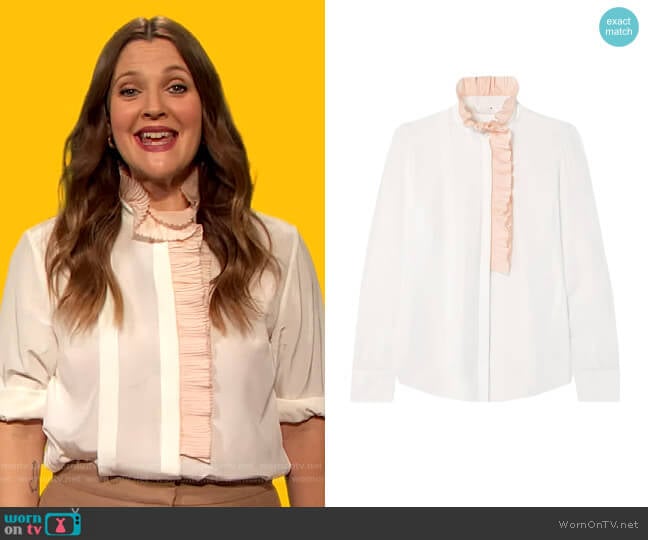 Ruffle-trimmed silk-georgette blouse by Chloe worn by Drew Barrymore on The Drew Barrymore Show