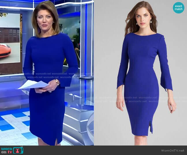 3/4 Sleeve Crepe Dress by Teri Jon by Rickie Freeman worn by Norah O'Donnell  on CBS Evening News