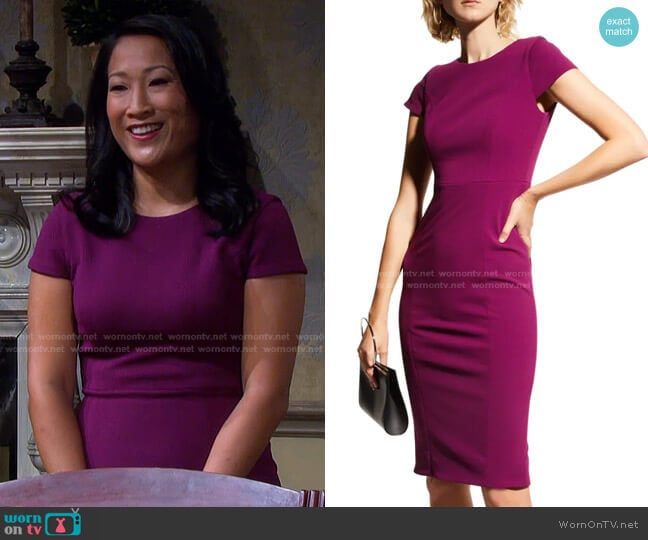 Mila Cap-Sleeve Crepe Sheath Dress by Dress The Population worn by Melinda Trask (Tina Huang) on Days of our Lives