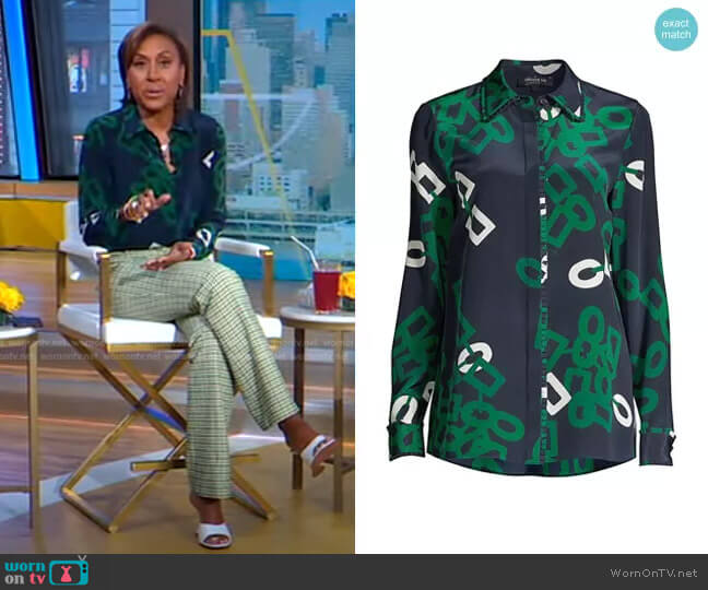 Duvall Link-Print Silk Blouse by Lafayette 148 New York worn by Robin Roberts on Good Morning America